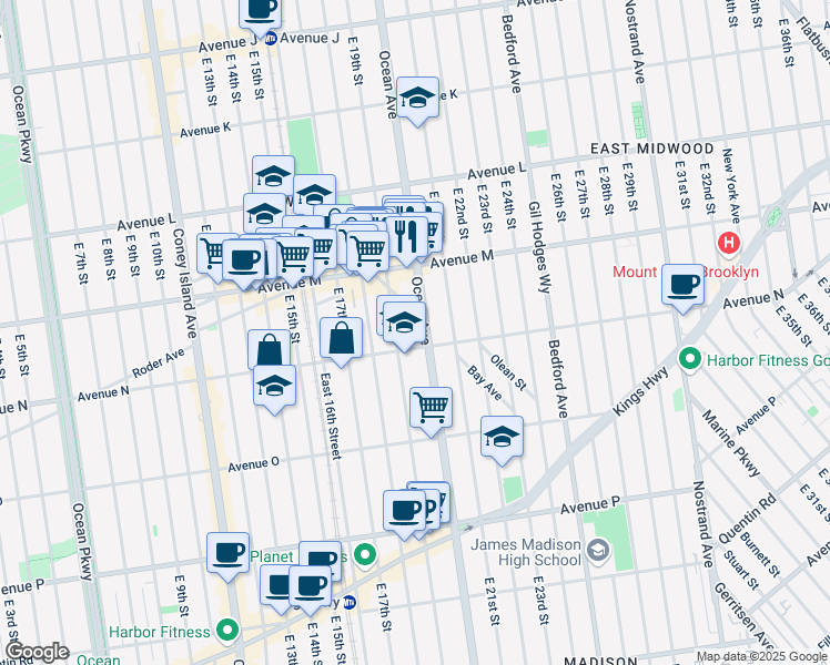 map of restaurants, bars, coffee shops, grocery stores, and more near 1851 Ocean Avenue in Brooklyn