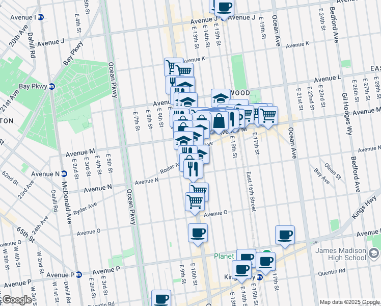 map of restaurants, bars, coffee shops, grocery stores, and more near 1639 Coney Island Avenue in Brooklyn