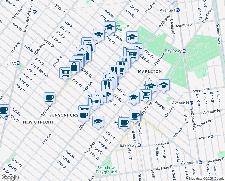 map of restaurants, bars, coffee shops, grocery stores, and more near 1967 65th Street in Brooklyn