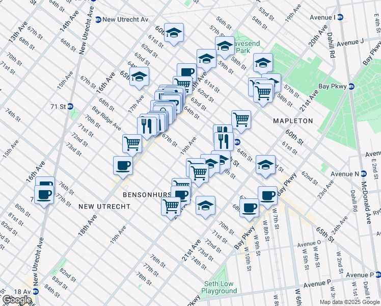 map of restaurants, bars, coffee shops, grocery stores, and more near 6612 19th Avenue in Brooklyn