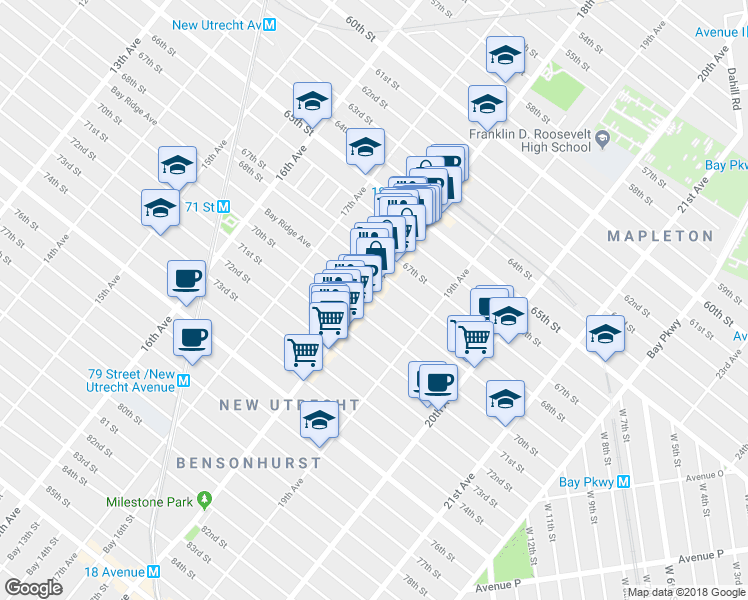 map of restaurants, bars, coffee shops, grocery stores, and more near 6816 18th Avenue in Brooklyn