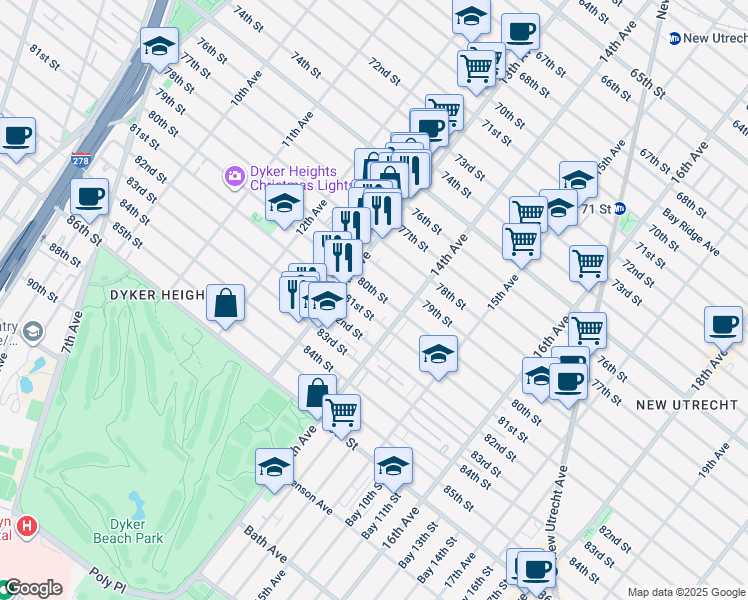 map of restaurants, bars, coffee shops, grocery stores, and more near 1318 80th Street in Brooklyn