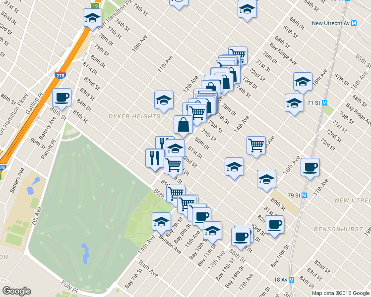 map of restaurants, bars, coffee shops, grocery stores, and more near 1272 81 Street in Brooklyn