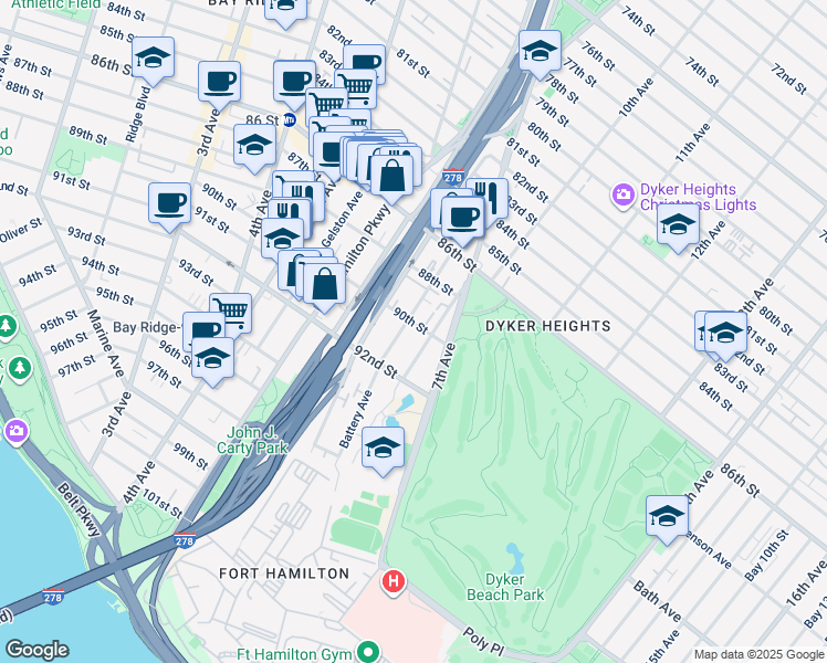 map of restaurants, bars, coffee shops, grocery stores, and more near 641 90th Street in Brooklyn