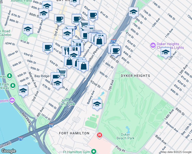 map of restaurants, bars, coffee shops, grocery stores, and more near 105 Dahlgren Place in Brooklyn