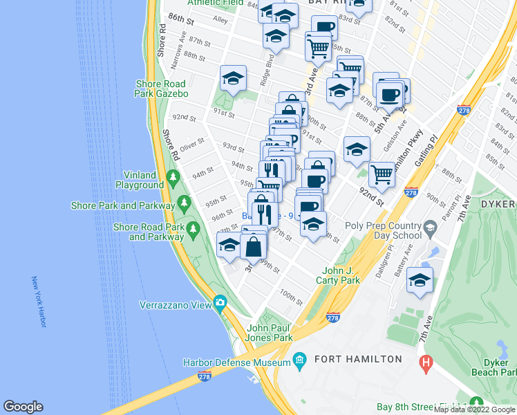 map of restaurants, bars, coffee shops, grocery stores, and more near 9512 3rd Avenue in Brooklyn