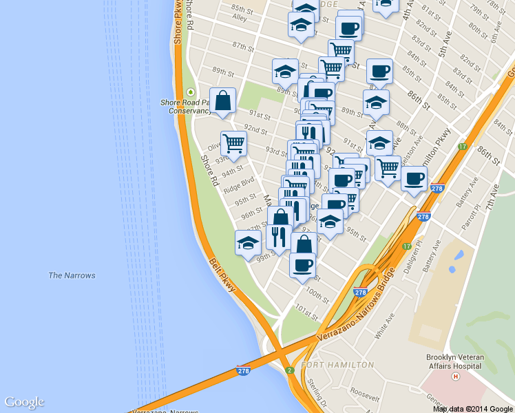 map of restaurants, bars, coffee shops, grocery stores, and more near 143 95th Street in Brooklyn