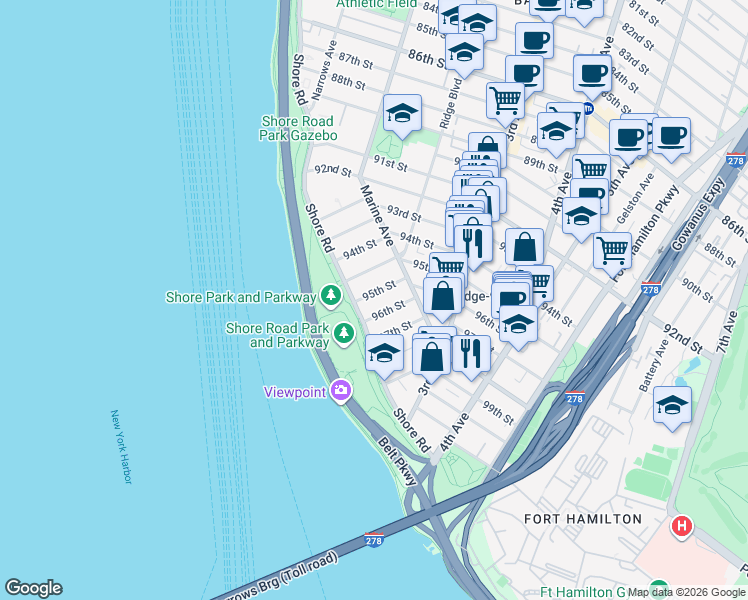 map of restaurants, bars, coffee shops, grocery stores, and more near 143 95th Street in Brooklyn
