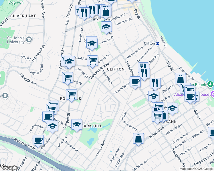 map of restaurants, bars, coffee shops, grocery stores, and more near 66 Park Hill Lane in Staten Island