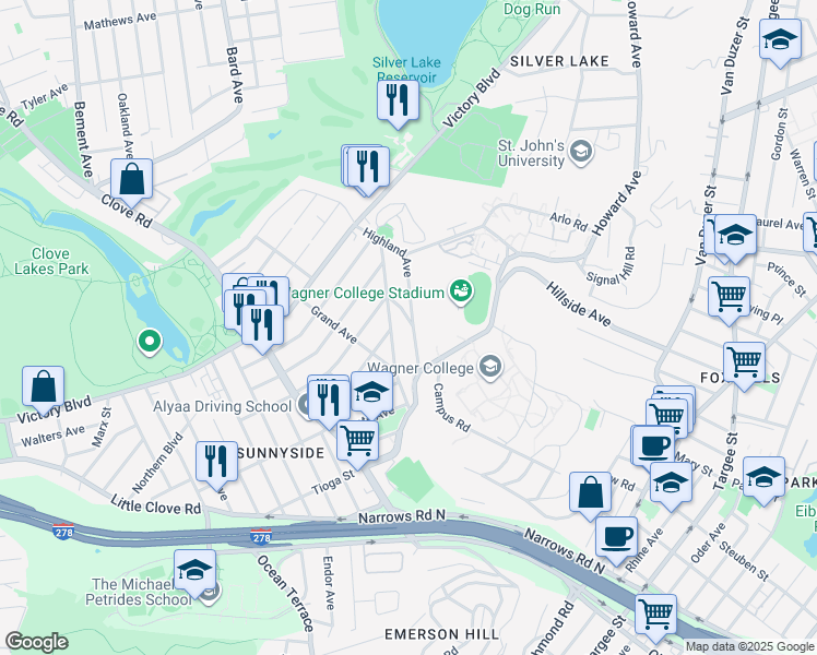 map of restaurants, bars, coffee shops, grocery stores, and more near 131 Highland Avenue in Staten Island