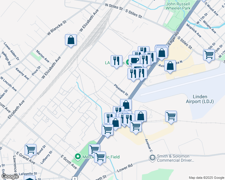 map of restaurants, bars, coffee shops, grocery stores, and more near 837 Pleasant Street in Linden