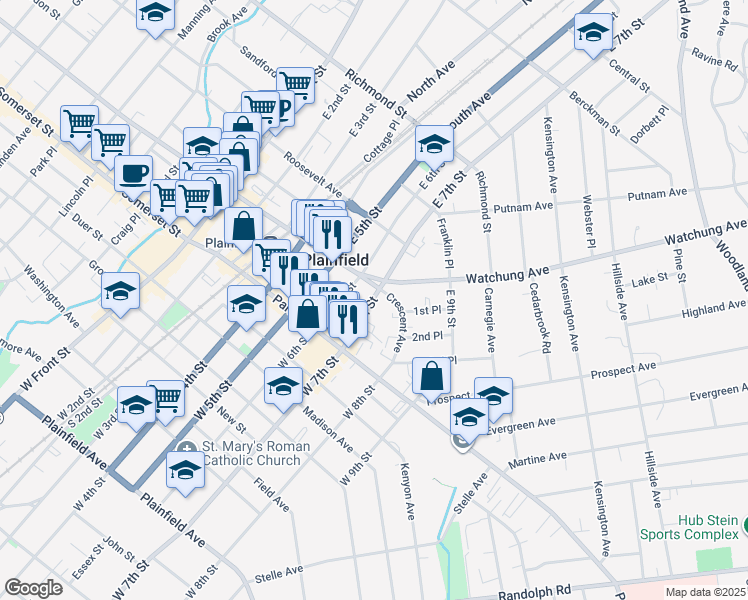 map of restaurants, bars, coffee shops, grocery stores, and more near 600-02 Crescent Avenue in Plainfield