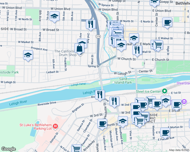 map of restaurants, bars, coffee shops, grocery stores, and more near 208 West Lehigh Street in Bethlehem