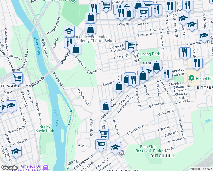 map of restaurants, bars, coffee shops, grocery stores, and more near 639 East Allen Street in Allentown