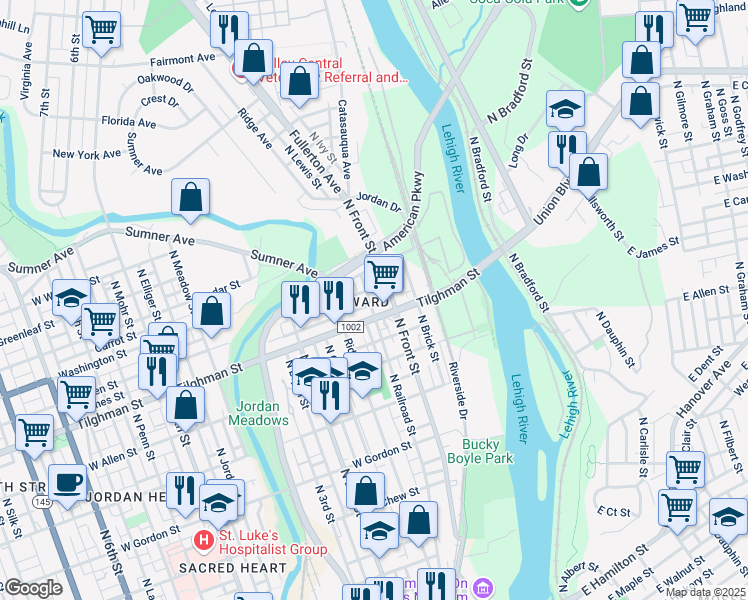 map of restaurants, bars, coffee shops, grocery stores, and more near 727 North Front Street in Allentown