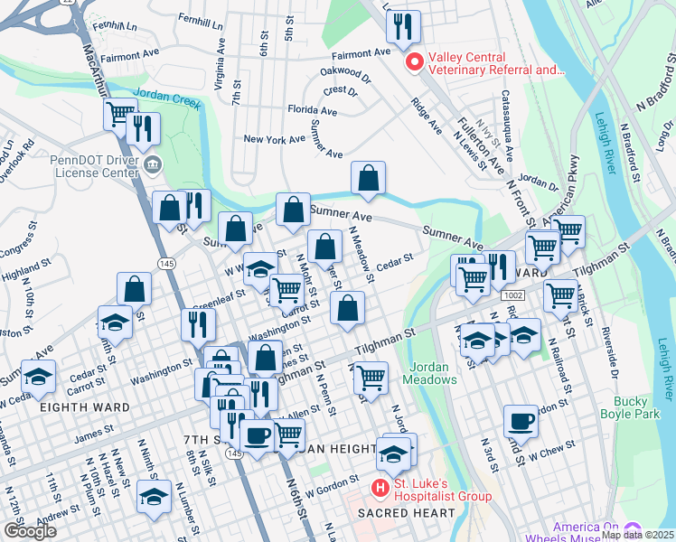 map of restaurants, bars, coffee shops, grocery stores, and more near 399 Greenleaf Street in Allentown