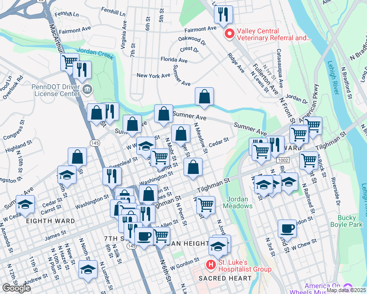 map of restaurants, bars, coffee shops, grocery stores, and more near 399 Greenleaf Street in Allentown