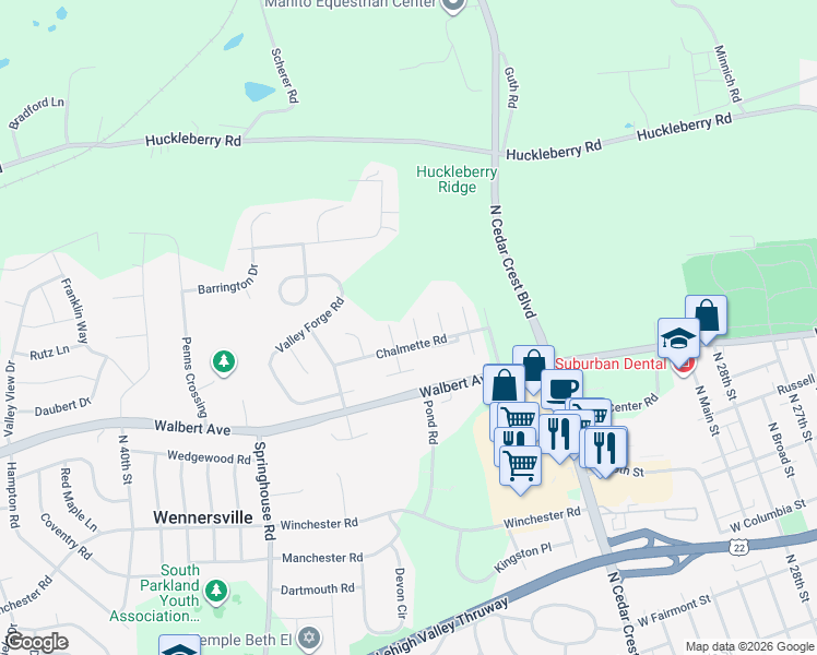 map of restaurants, bars, coffee shops, grocery stores, and more near in Lehigh County