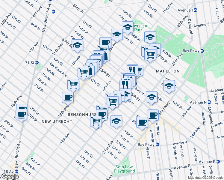 map of restaurants, bars, coffee shops, grocery stores, and more near 1930 66th Street in Brooklyn