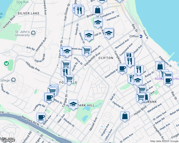 map of restaurants, bars, coffee shops, grocery stores, and more near 140 Park Hill Avenue in Staten Island