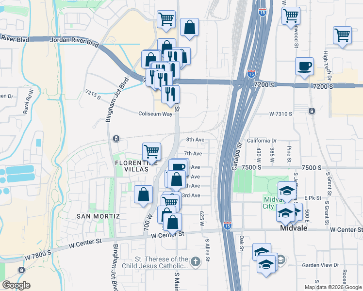 map of restaurants, bars, coffee shops, grocery stores, and more near 7407 South Main Street in Midvale