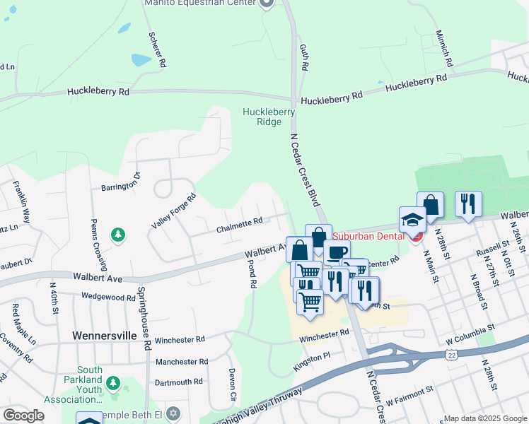 map of restaurants, bars, coffee shops, grocery stores, and more near 1726 Sequoia Court in Allentown