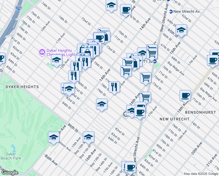 map of restaurants, bars, coffee shops, grocery stores, and more near 1444 77th Street in Brooklyn