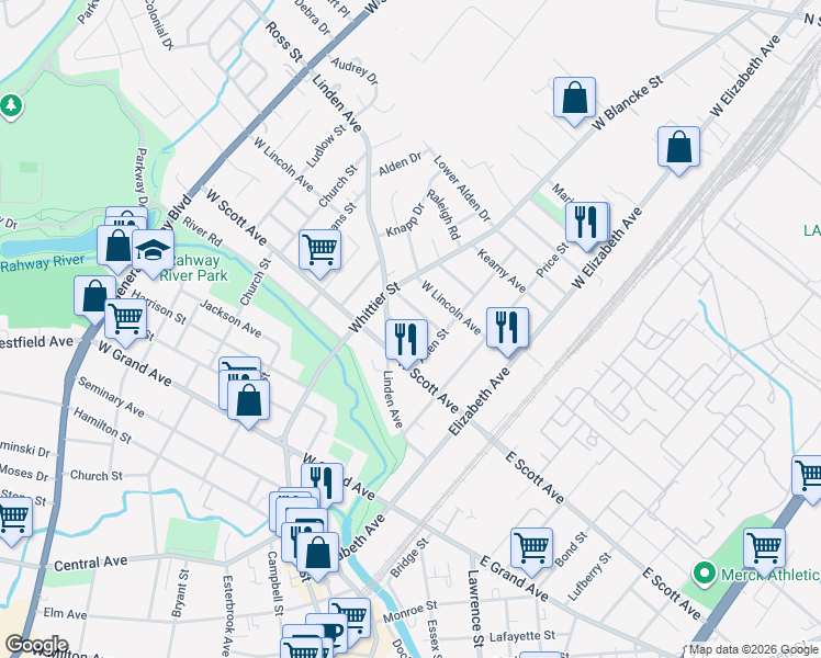 map of restaurants, bars, coffee shops, grocery stores, and more near 317 Waite Avenue in Rahway