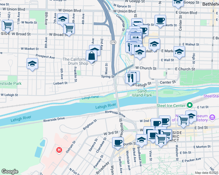 map of restaurants, bars, coffee shops, grocery stores, and more near 208 West Lehigh Street in Bethlehem