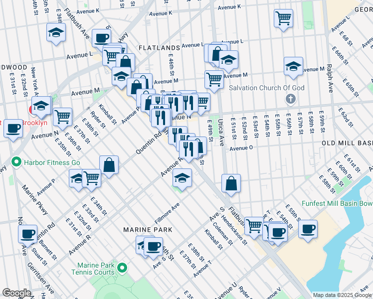 map of restaurants, bars, coffee shops, grocery stores, and more near 2195 Flatbush Avenue in Brooklyn