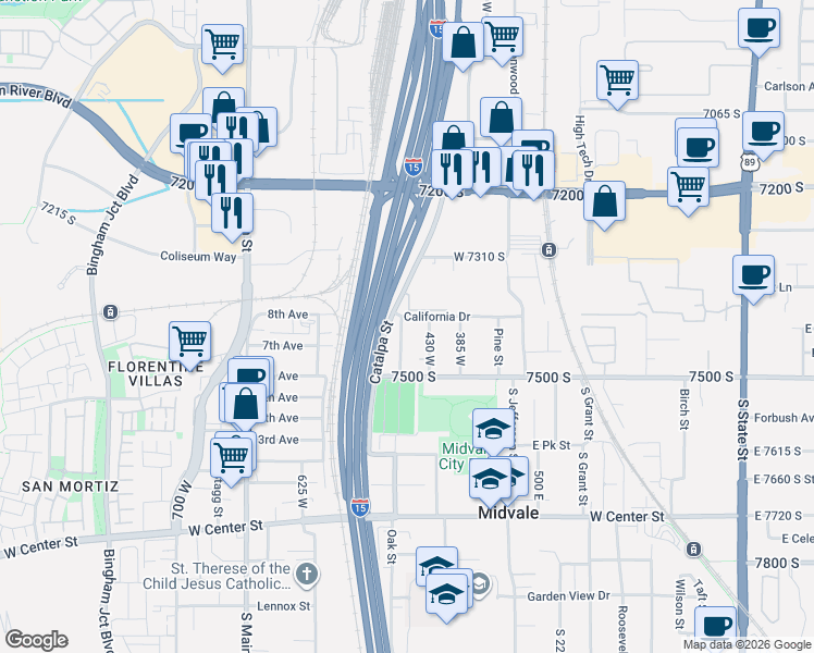 map of restaurants, bars, coffee shops, grocery stores, and more near 7405 Locust Street in Midvale