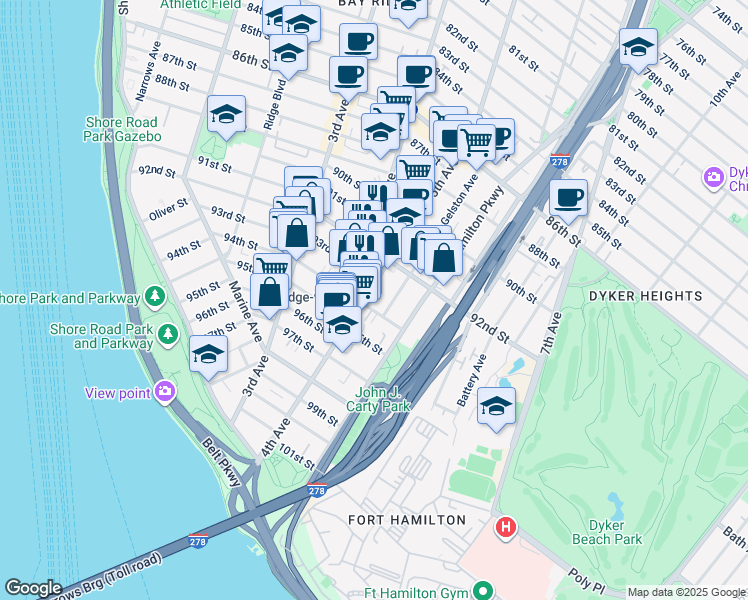 map of restaurants, bars, coffee shops, grocery stores, and more near 9319 5th Avenue in Brooklyn