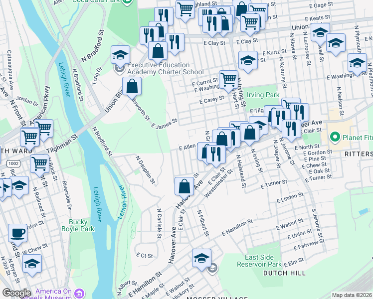 map of restaurants, bars, coffee shops, grocery stores, and more near 639 East Allen Street in Allentown