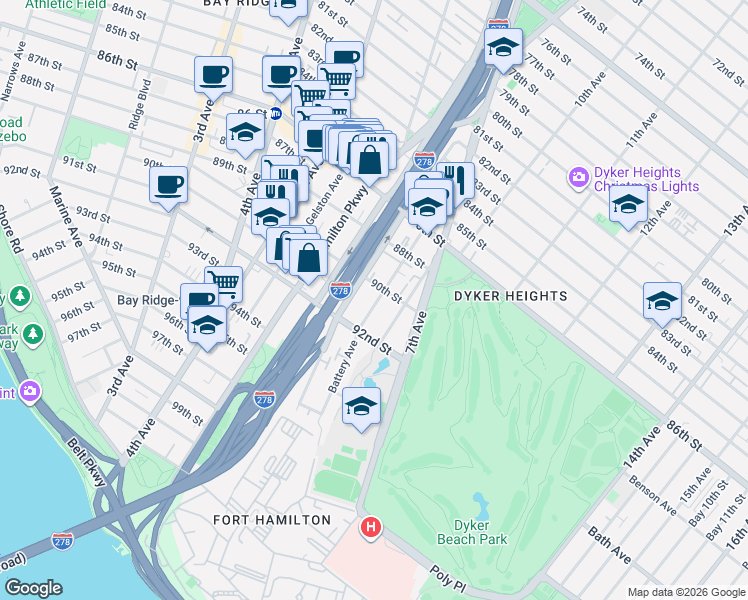map of restaurants, bars, coffee shops, grocery stores, and more near 106 Battery Avenue in Brooklyn