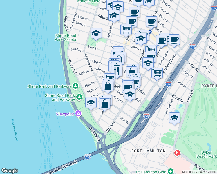 map of restaurants, bars, coffee shops, grocery stores, and more near 250 96th Street in Brooklyn
