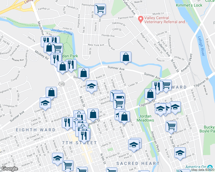 map of restaurants, bars, coffee shops, grocery stores, and more near 880 North 4th Street in Allentown