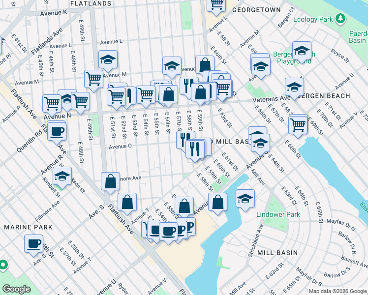map of restaurants, bars, coffee shops, grocery stores, and more near 1513 East 57th Street in Brooklyn