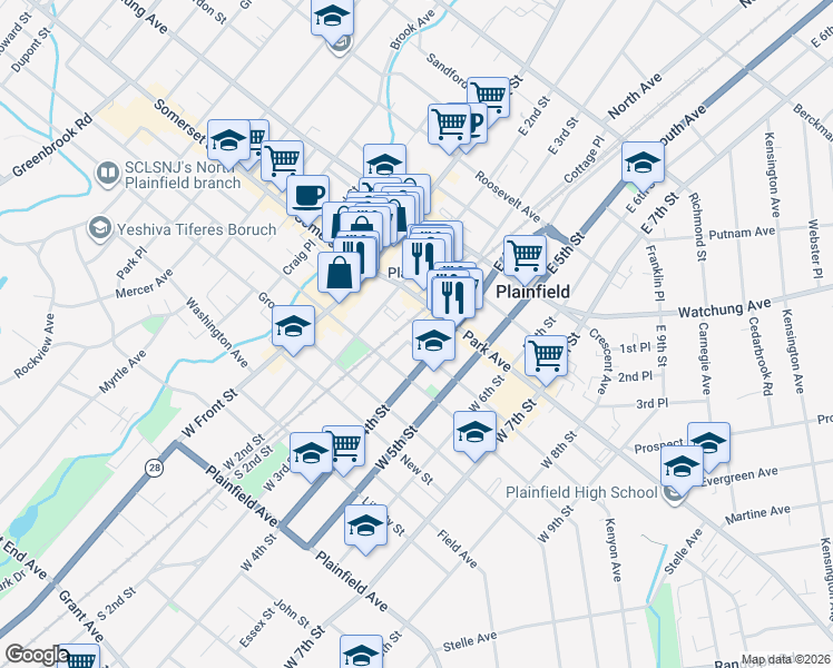 map of restaurants, bars, coffee shops, grocery stores, and more near 200 West 3rd Street in Plainfield