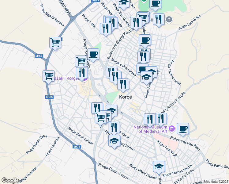 map of restaurants, bars, coffee shops, grocery stores, and more near Rruga Konferenca e Pezës in Korçë