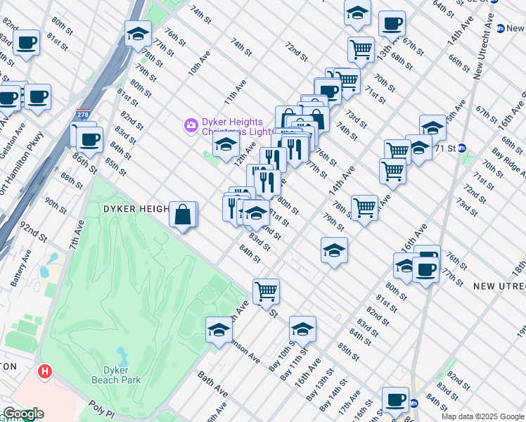 map of restaurants, bars, coffee shops, grocery stores, and more near 1272 81 Street in Brooklyn