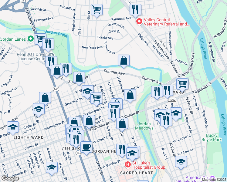 map of restaurants, bars, coffee shops, grocery stores, and more near 399 Greenleaf Street in Allentown
