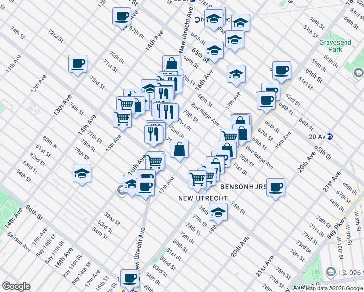 map of restaurants, bars, coffee shops, grocery stores, and more near 1648 72nd Street in Brooklyn