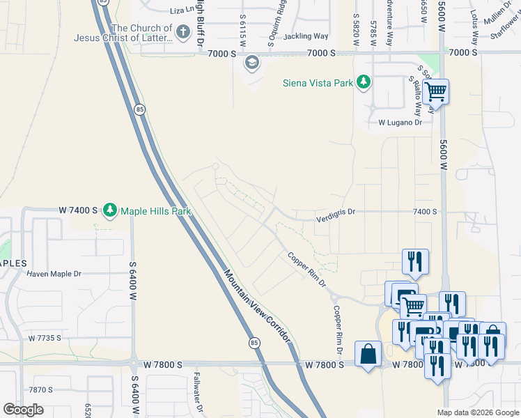 map of restaurants, bars, coffee shops, grocery stores, and more near 7403 South Olivine River Lane in West Jordan