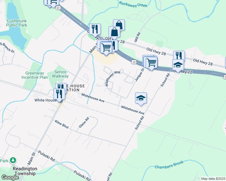 map of restaurants, bars, coffee shops, grocery stores, and more near 97 Violet Court in Readington Township
