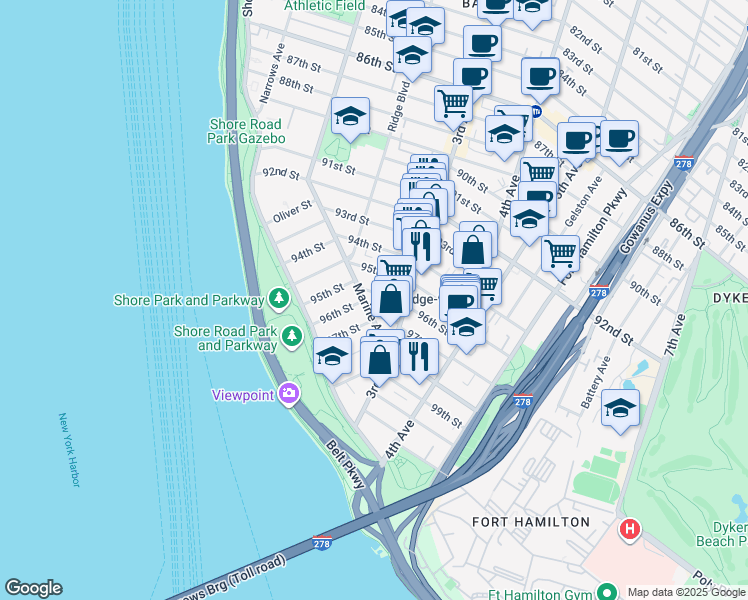 map of restaurants, bars, coffee shops, grocery stores, and more near 211 96th Street in Brooklyn