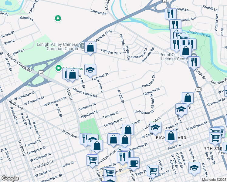 map of restaurants, bars, coffee shops, grocery stores, and more near 1212 Pennsylvania Street in Fullerton