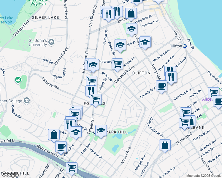map of restaurants, bars, coffee shops, grocery stores, and more near 350 Vanderbilt Avenue in Staten Island