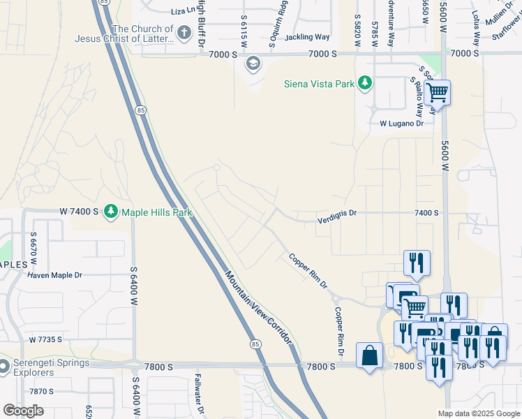 map of restaurants, bars, coffee shops, grocery stores, and more near 7401 South Olivine River Lane in West Jordan