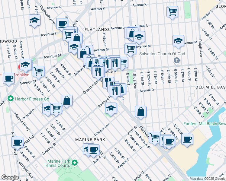 map of restaurants, bars, coffee shops, grocery stores, and more near 2195 Flatbush Avenue in Brooklyn