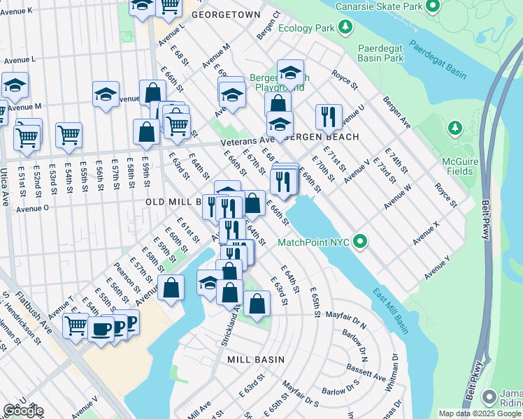 map of restaurants, bars, coffee shops, grocery stores, and more near 6510 Avenue U in Brooklyn
